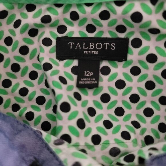 Talbots Blouse Women's Size 12P Green Black Dots Bracelet Sleeve Button Up - Picture 5 of 6